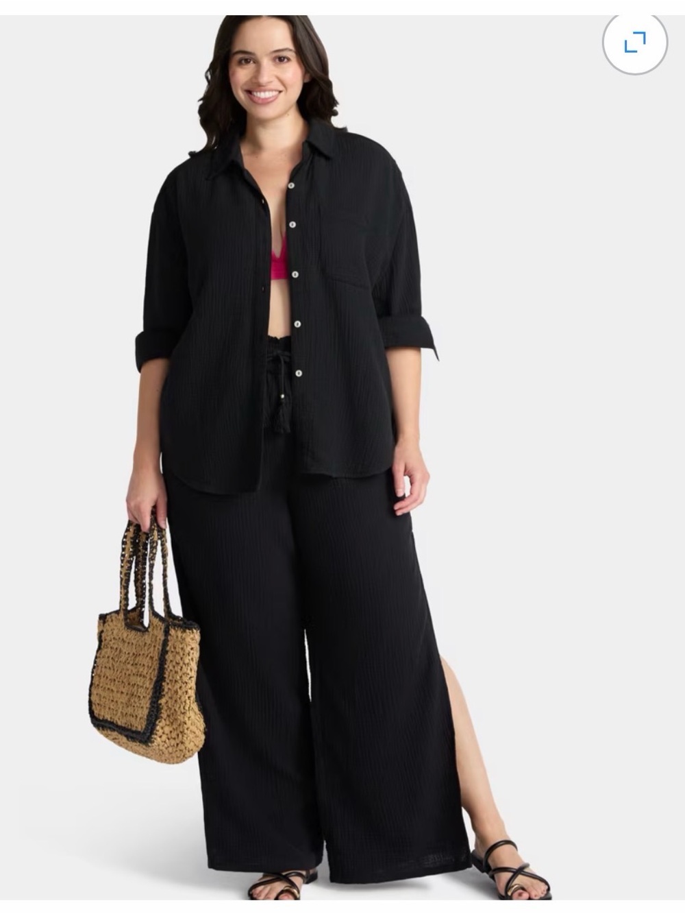 Time and Tru Black Open-Front Swim Coverup Shirt and Wide-Leg Pants Set